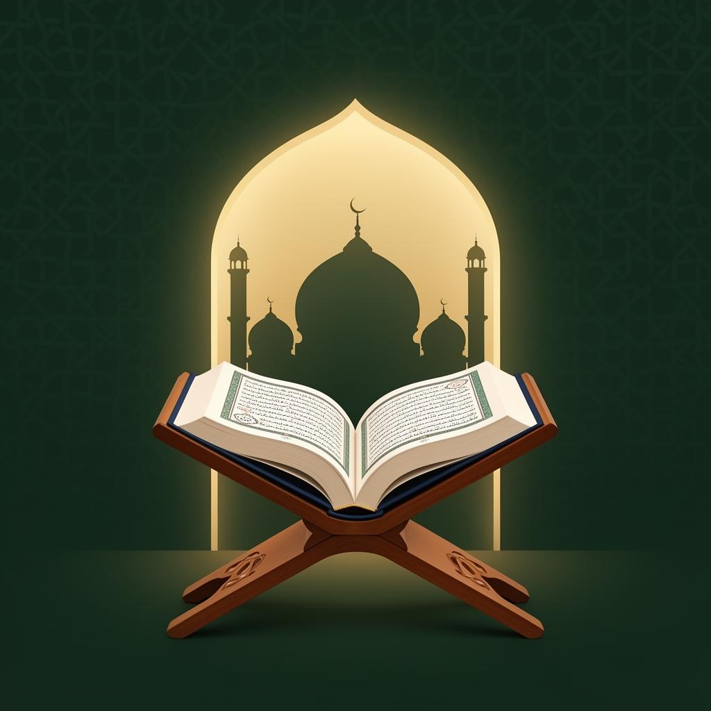 Open Qur'an on a wooden rehal with a mosque arch silhouette